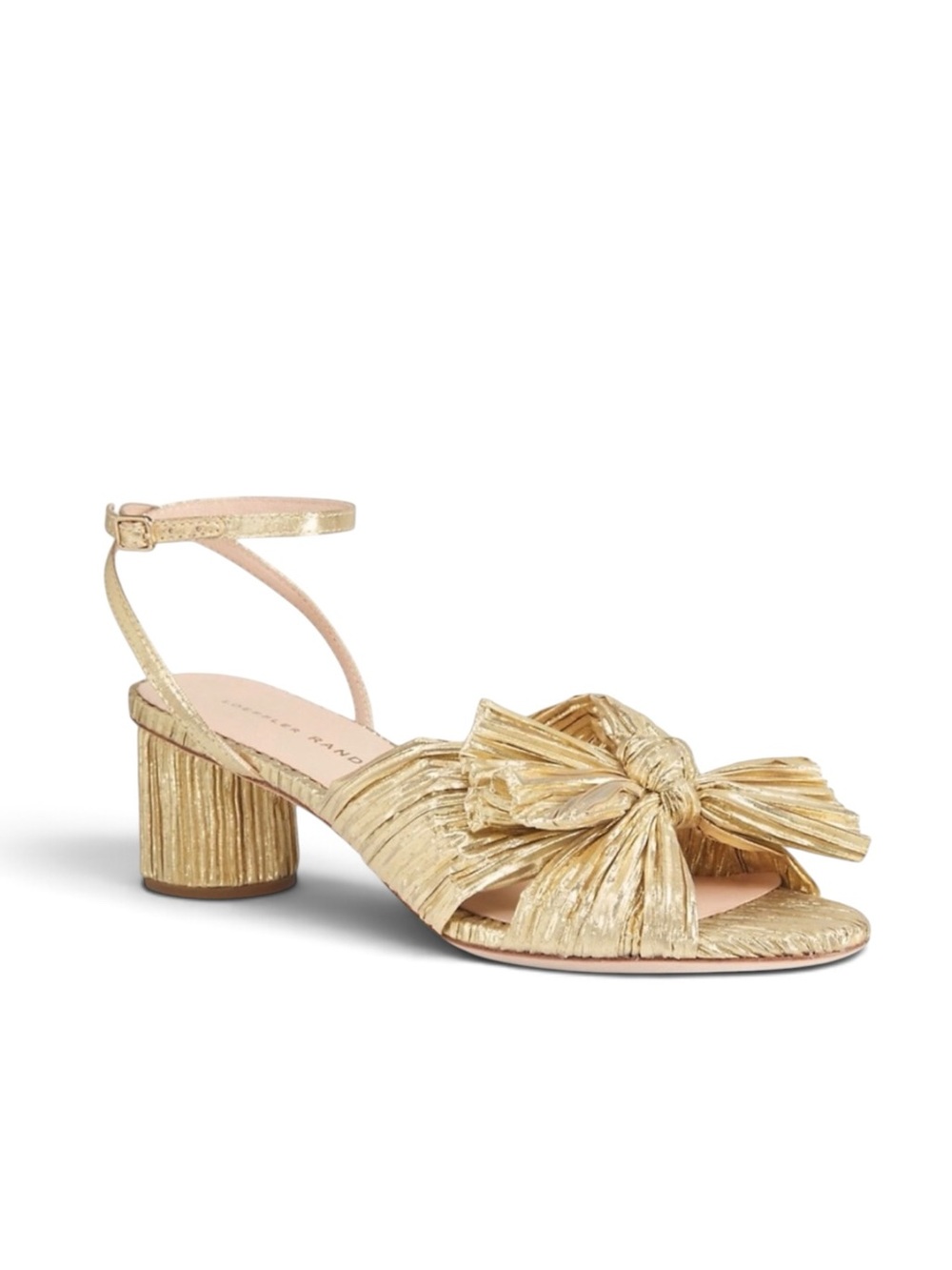 Loeffler Randall Women's Metallic Gold Pleated Bow Sandals Ankle Strap 6 NWT